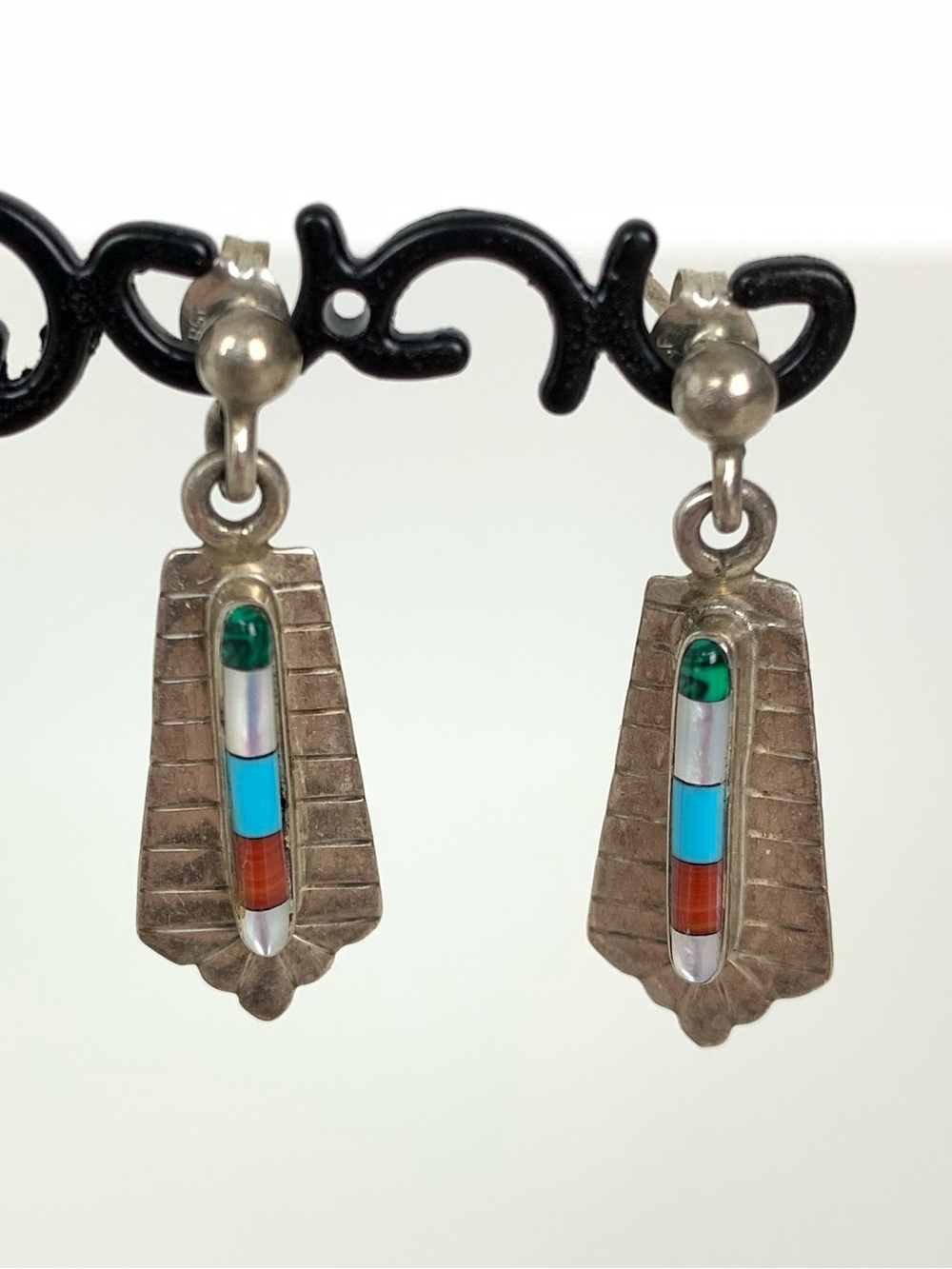 Sterling Silver Earrings Geometrical Multi-stones Corral Turquoise Stamped Vtg
